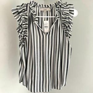 LOFT Women's Petite Striped Ruffle Henley Shell - Whisper White - Size X Small P